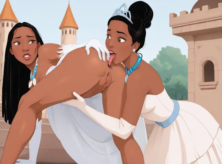 Image brown_eyes,female,human,2girls,black_hair,oral,pussy,disney,interracial,ai_generated,anus,dark-skinned_female,yuri,female/female,native_american,wedding_dress,anilingus,bride,the_princess_and_the_frog,tiana,pocahontas,pocahontas_(character)