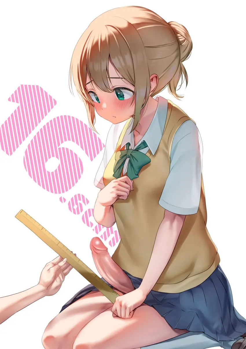 Image breasts,clothed,clothing,human,light_skin,mostly_clothed,penis,short_hair,uncensored,1futa,erection,futanari,intersex,kneeling,light-skinned_futa,solo_focus,tagme,blonde_hair,schoolgirl,sitting,original,school_uniform,1other,hair_bun,futa_focus,penis_under_skirt,measuring,measurements,ayanakitori,decensored,measuring_penis,ruler