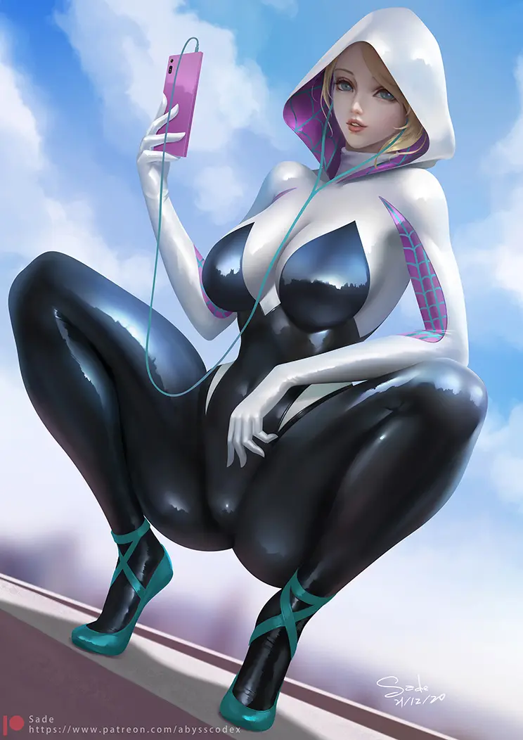 Image breasts,female,female_only,large_breasts,looking_at_viewer,open_mouth,solo,blue_eyes,patreon_username,sky,artist_name,cleavage,nose,teeth,blonde_hair,spread_legs,cloud,latex,asymmetrical_hair,squatting,bodysuit,hood,hood_up,signature,full_body,phone,day,marvel,marvel_comics,superheroine,black_bodysuit,cloudy_sky,spider-man_(series),reflection,variant_set,earbuds,web_address,latex_bodysuit,superhero_costume,shiny_clothes,superhero,gwen_stacy,spider-gwen,sade_abyss,ballet_slippers,hooded_bodysuit,two-tone_bodysuit,earphones,patterned_clothing,reflective_clothes,white_bodysuit