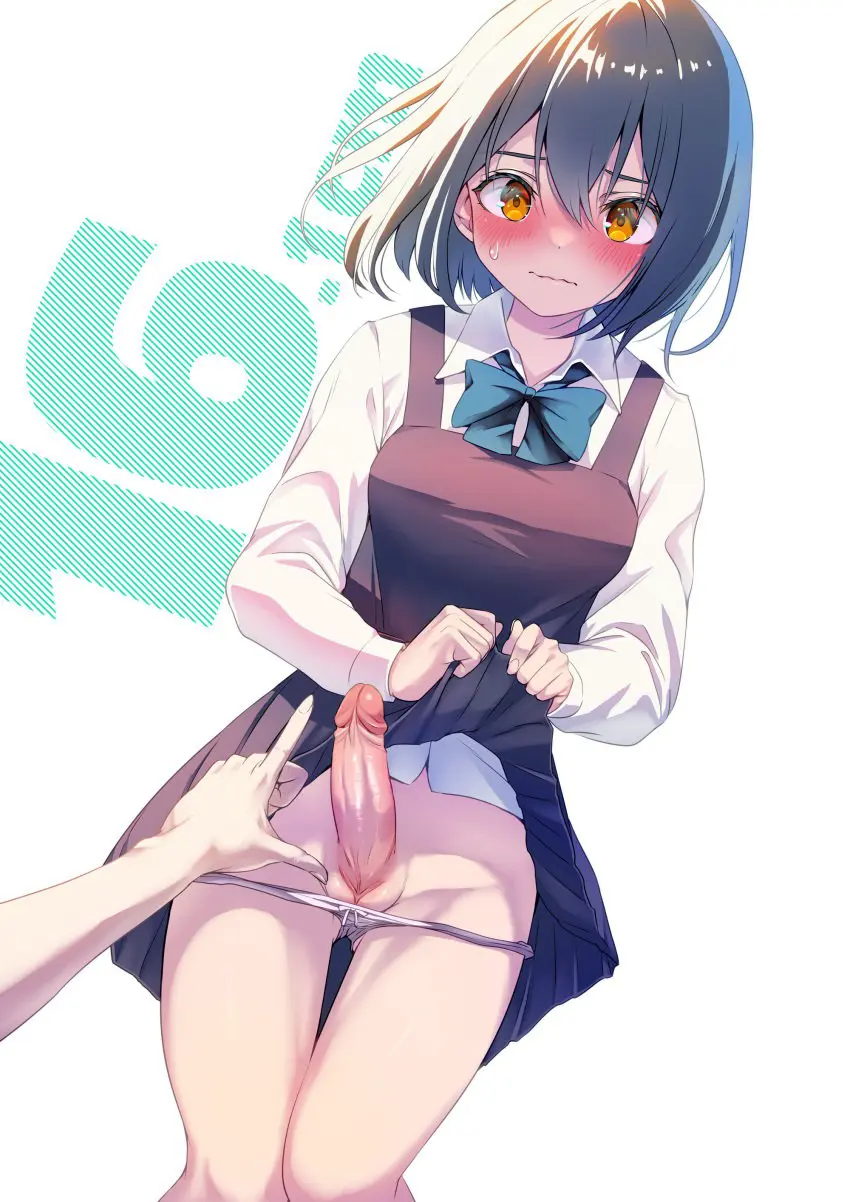 Image breasts,clothed,clothing,human,light_skin,mostly_clothed,standing,black_hair,penis,pussy,panties,uncensored,1futa,erection,futanari,intersex,light-skinned_futa,solo_focus,text,schoolgirl,original,school_uniform,medium_hair,1other,skirt_lift,futa_focus,futa_sans_balls,measuring,measurements,ayanakitori,decensored,measuring_penis,measuring_with_hands