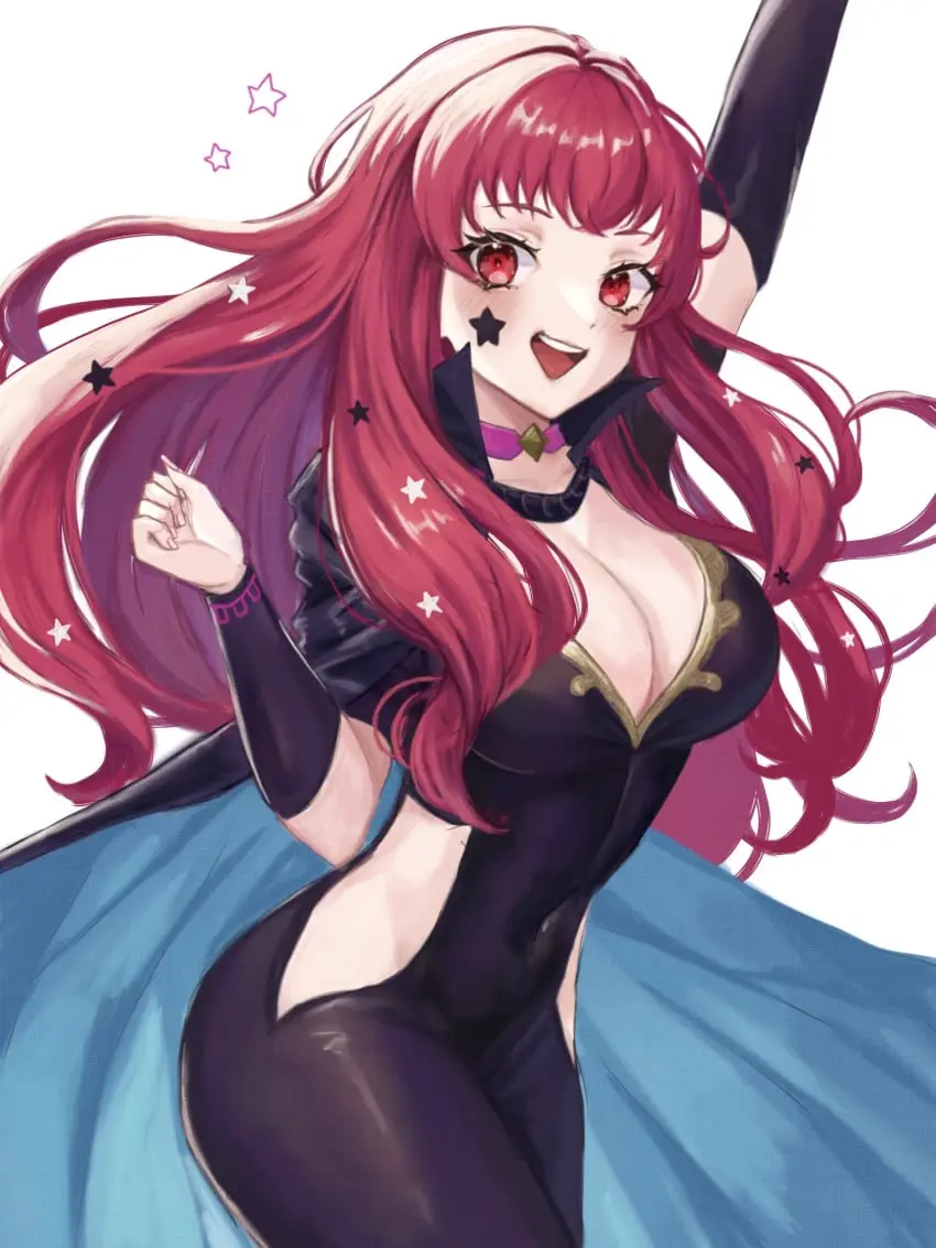 Image 1girls,breasts,cowboy_shot,female,female_only,highres,large_breasts,long_hair,looking_at_viewer,open_mouth,red_eyes,simple_background,smile,solo,standing,very_long_hair,white_background,choker,red_hair,thighs,cleavage,nintendo,:d,covered_navel,fire_emblem,bodysuit,arm_up,facial_mark,star_(symbol),fire_emblem_engage,pink_choker,hip_vent,redrawn,yunaka_(fire_emblem),zqzbq