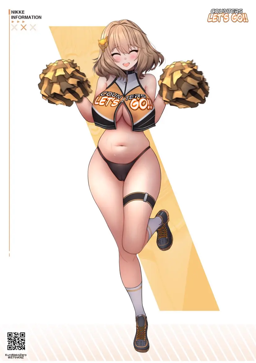 Image 1girls,blush,breasts,female,female_only,large_breasts,open_clothes,white_background,thick_thighs,wide_hips,belly,belly_button,midriff,underboob,brown_hair,closed_eyes,ahoge,cameltoe,goddess_of_victory:_nikke,cheerleader,cheerleader_outfit,pom_poms,upper_teeth,anis_(nikke),kuronekozero