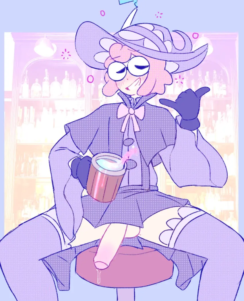 Image blush,hi_res,solo,1boy,male,penis,thighhighs,femboy,male_only,headgear,solo_focus,balls,eyewear,glasses,sitting,original,original_character,socks,skirt,legwear,magic_user,sitting_on_chair,bowtie,drunk,round_glasses,substance_intoxication,penis_out,alcohol,penis_under_skirt,tipsy,mage,wizard_hat,amaruu,nat_(amaruu),wizard
