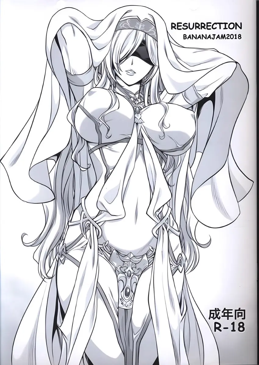 Image breasts,clothing,cowboy_shot,female,female_only,large_breasts,long_hair,nipples,smile,solo,standing,very_long_hair,navel,arms_behind_head,arms_up,jewelry,parted_lips,dress,necklace,monochrome,goblin_slayer,blindfold,cover,greyscale,pelvic_curtain,covered_eyes,veil,shawl,sword_maiden_(goblin_slayer)