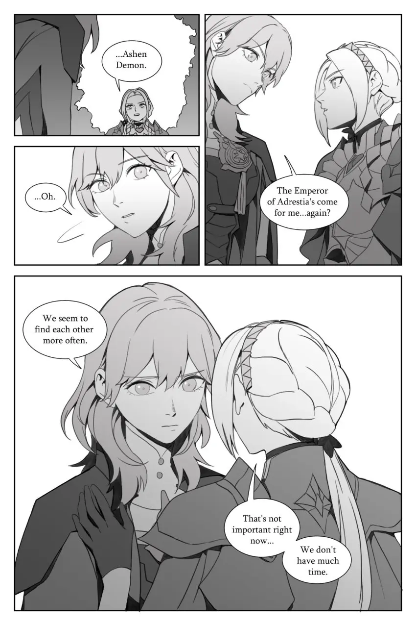 Image female,female_only,highres,long_hair,open_mouth,2girls,multiple_girls,ponytail,text,nintendo,outdoors,comic,monochrome,cape,official_alternate_costume,alternate_costume,fire_emblem,fire_emblem:_three_houses,english_text,byleth_(fire_emblem),edelgard_von_hresvelg,alternate_hairstyle,greyscale,official_alternate_hairstyle,byleth_(fire_emblem)_(female),radiostarkiller,fire_emblem_warriors:_three_hopes