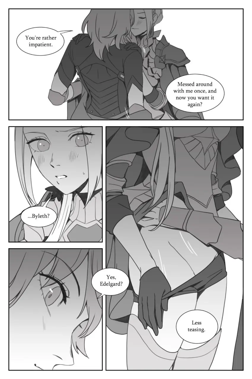 Image female,female_only,highres,long_hair,2girls,multiple_girls,ass,big_ass,ponytail,text,nintendo,outdoors,comic,monochrome,cape,yuri,official_alternate_costume,alternate_costume,fire_emblem,fire_emblem:_three_houses,english_text,byleth_(fire_emblem),edelgard_von_hresvelg,undressing,alternate_hairstyle,armor,imminent_sex,greyscale,official_alternate_hairstyle,byleth_(fire_emblem)_(female),radiostarkiller,fire_emblem_warriors:_three_hopes