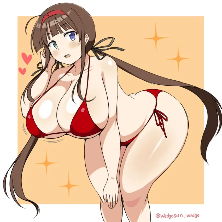 Image blush,breasts,female,long_hair,looking_at_viewer,blue_eyes,bikini,ass,huge_ass,thick_thighs,voluptuous,wide_hips,huge_breasts,green_eyes,brown_hair,cute,twintails,heterochromia,signature,huge_thighs,twitter_username,red_bikini,bent_over_table,marvelous,ryoubi_(senran_kagura),senran_kagura,one_arm_up,wedge,wedgesan
