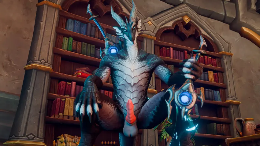 Image hi_res,looking_at_viewer,smile,solo,male,nude,penis,tail,tongue,erection,male_only,digital_media_(artwork),anthro,mythology,warcraft,european_mythology,genital_fluids,bodily_fluids,genitals,multicolored_body,claws,horn,3d_(artwork),scalie,solo_male,magic,weapon,furniture,mythological_creature,dragon,mythological_scalie,western_dragon,blizzard_entertainment,sword,16:9,melee_weapon,widescreen,bookshelf,dracthyr,dracthyr_male,ridelag_(toxik_enzis),toxik_enzis