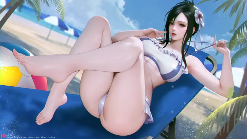 Image breasts,female,hair_ornament,highres,solo,bikini,barefoot,beach,feet,midriff,legs,swimsuit,nail_polish,skirt,white_bikini,official_alternate_costume,final_fantasy,final_fantasy_vii,final_fantasy_vii_remake,tifa_lockhart,flower,hair_flower,toenail_polish,microskirt,toes,tifa_lockhart_(shining_spirit),toenails,final_fantasy_vii_rebirth,frilled_bikini,frills,beach_ball,official_alternate_hairstyle,sade_abyss,bikini_skirt,frilled_bikini_top