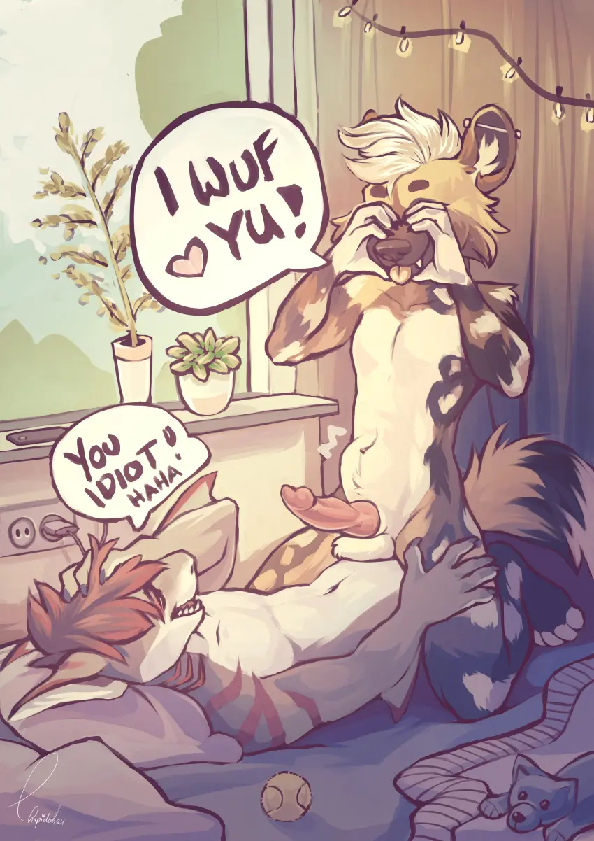 Image hi_res,male,penis,duo,male/male,balls,anthro,piercing,absurd_res,canid,canine,genitals,mammal,dialogue,ear_piercing,stomach_bulge,fish,marine,shark,speech_bubble,squish,animal_genitalia,animal_penis,canine_genitalia,canine_penis,knot,african_wild_dog,ball_squish,anon_awd,chapiduh,pit_(pitdp)