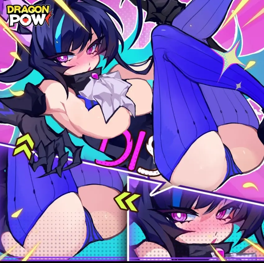 Image big_breasts,blush,breasts,female,black_hair,blue_hair,thick_thighs,purple_eyes,laying_down,dragon_girl,no_nipples,dis_(dragon_pow),dragon_pow,thighs_up