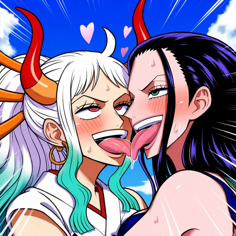 Image blush,female,female_only,2girls,one_piece,yamato_(one_piece),pleasure_face,ai_generated,yuri,french_kiss,nico_robin,tongue_kiss,powerhouserift