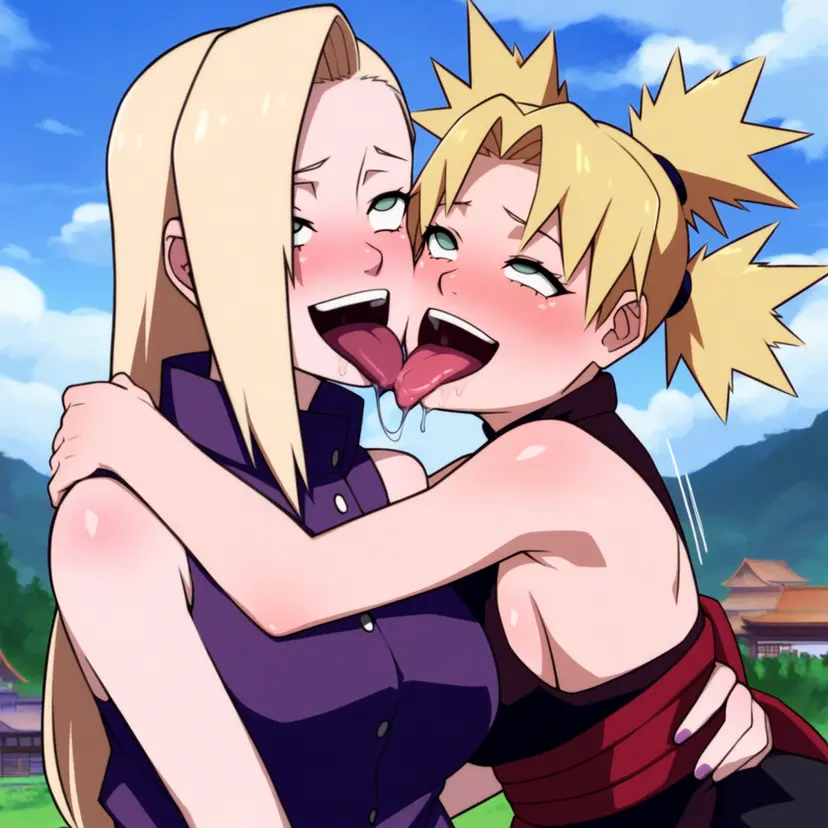 Image blush,female,female_only,2girls,pleasure_face,ai_generated,saliva,yuri,naruto,naruto_shippuden,french_kiss,blushing,tongue_kiss,ino_yamanaka,powerhouserift,temari