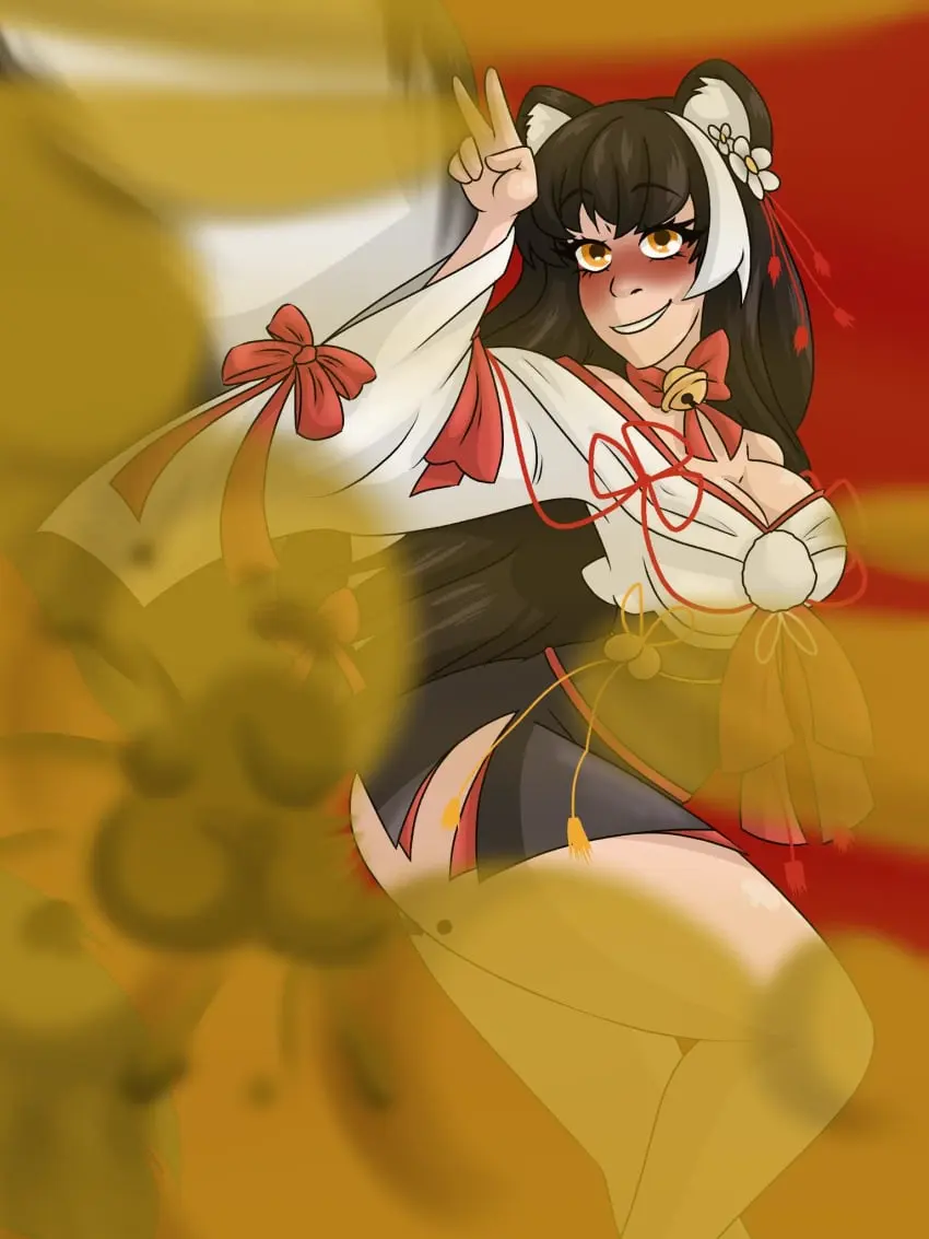 Image 1girls,blush,breasts,female,female_only,hair_ornament,long_hair,looking_at_viewer,simple_background,smile,yellow_eyes,colored,female_focus,thick_thighs,thighs,cleavage,color,blonde_hair,medium_breasts,pose,skirt,no_panties,smirking,azur_lane,black_fur,red_background,peace_sign,red_ribbon,japanese_clothes,fart,fart_cloud,fart_fetish,skunk_girl,skunk_tail,farting,huge_tail,naganami_(azur_lane),r3draynb0w,skunk_ears,eproctophillia,fart_everywhere,huge_fart,yellow_gas