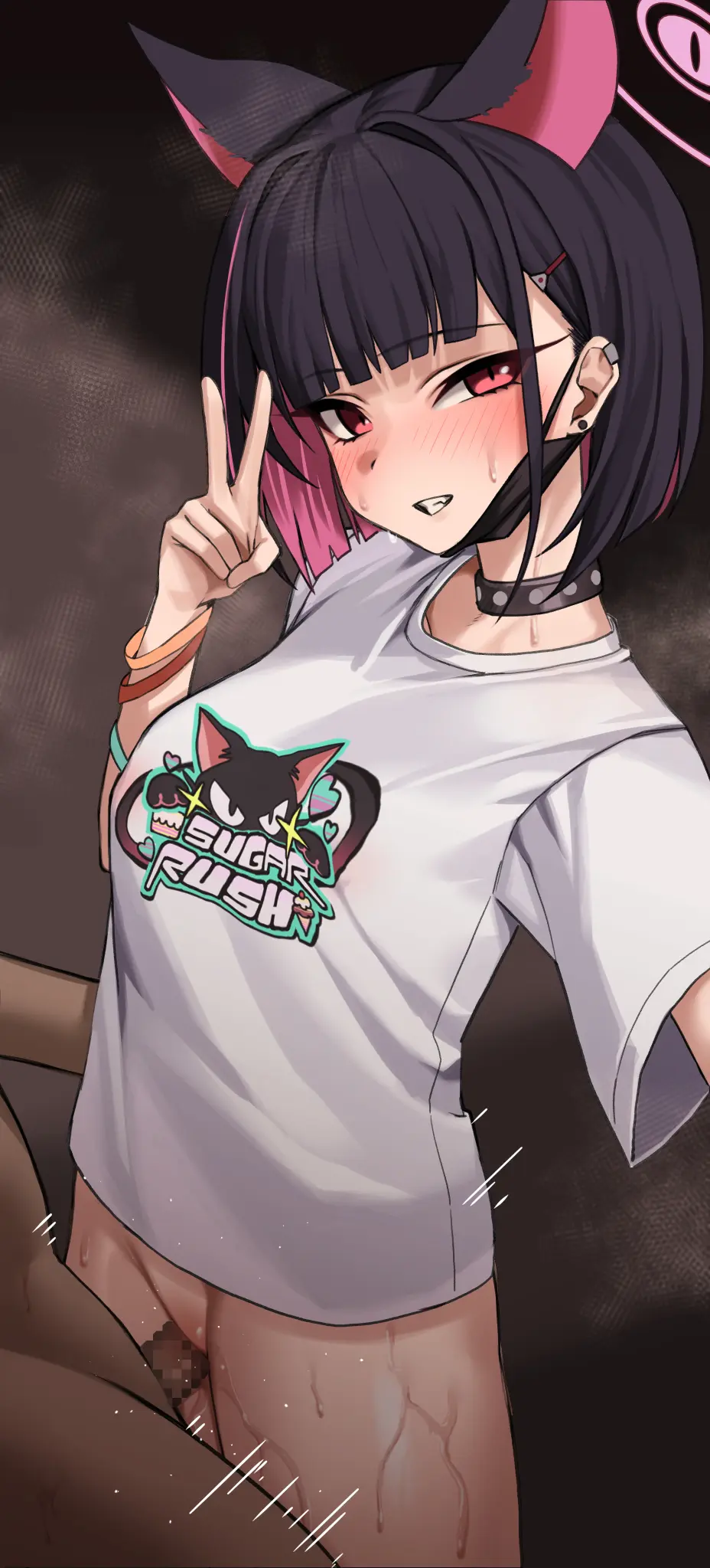 Image 1girls,female,highres,looking_at_viewer,red_eyes,shirt,standing,1boy,animal_ears,black_hair,male,penis,short_hair,straight,sweat,blue_archive,choker,sex,multicolored_hair,dark-skinned_male,dark_skin,cat_ears,pink_hair,halo,censored,censored_penis,mosaic_censoring,no_panties,white_shirt,colored_inner_hair,black_choker,bottomless,motion_lines,standing_sex,pink_halo,v,trinity_general_school_student,mask,mouth_mask,multi_ear,after-school_sweets_club_(blue_archive),colored_inner_animal_ears,kazusa_(blue_archive),kazusa_(band)_(blue_archive),black_mask,kumamiya,mask_pull
