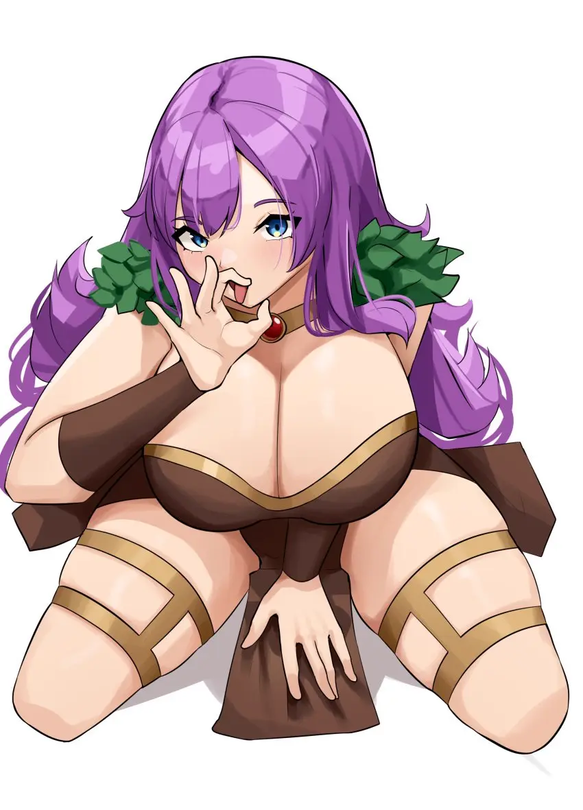 Image big_breasts,breasts,clothed,clothing,female,female_only,large_breasts,long_hair,white_background,blue_eyes,tongue_out,bra,thick_thighs,thighs,kneeling,original,necklace,purple_hair,collar,thigh_strap,commission,implied_sex,sfw,implied_oral,loincloth,commissioner_upload,leaves,implied_deepthroat,the_huntress,cromwellb,thigh_straps,wrist_guards