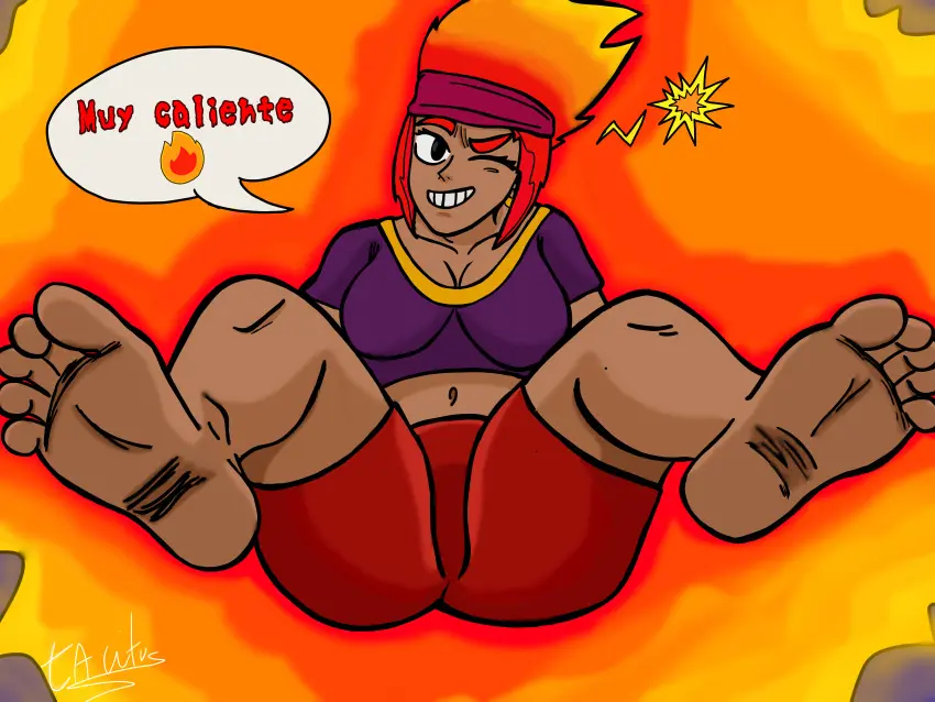 Image female,feet,clothed_female,foot_fetish,feet_up,ass_focus,hands_behind_back,brawl_stars,feet_together,foot_focus,sweaty_feet,smelly_feet,semi_nude,amber_(brawl_stars),burning