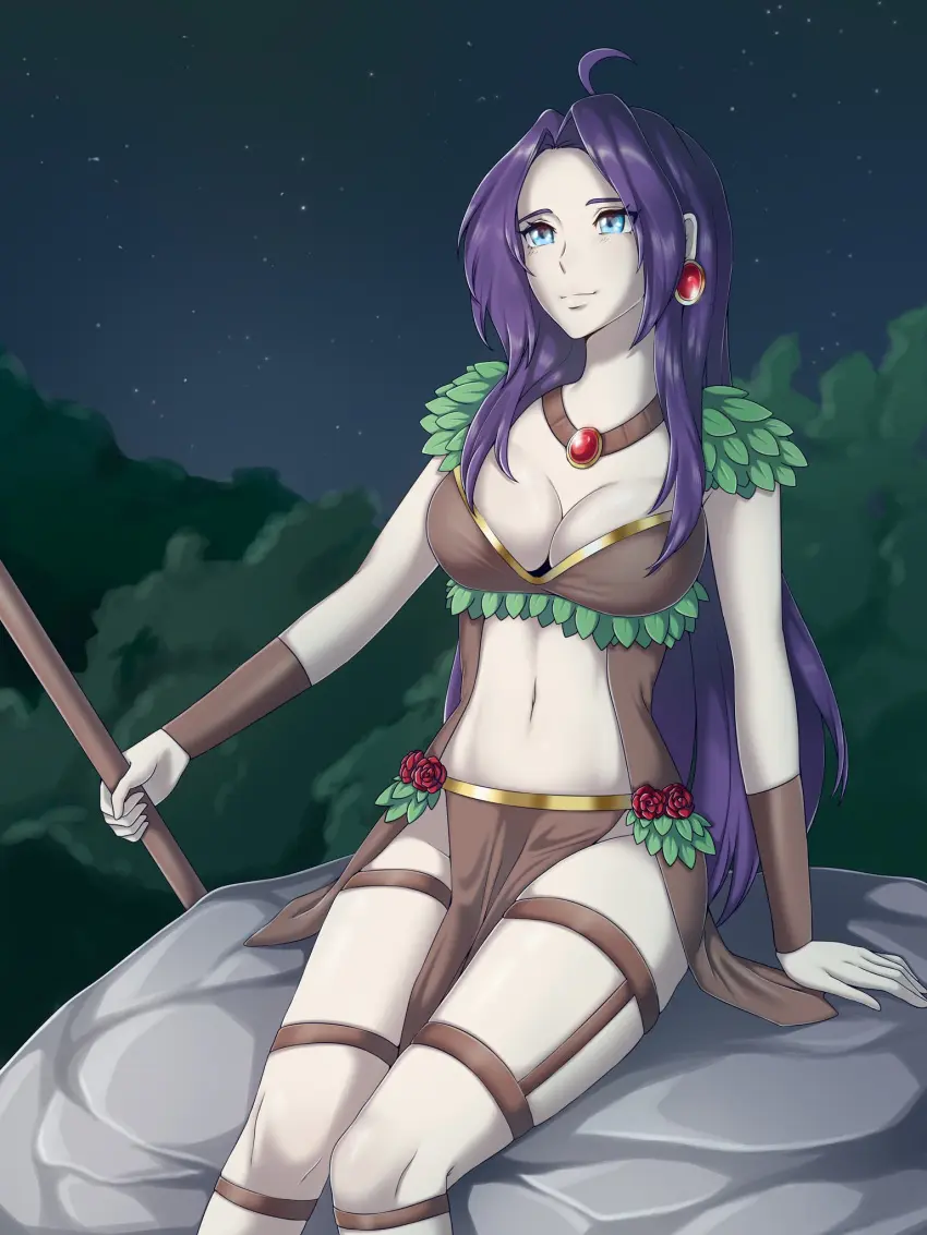 Image breasts,female,large_breasts,long_hair,blue_eyes,bra,earrings,smiling,sitting,original,original_character,necklace,purple_hair,night,stomach,stars,thigh_strap,commission,forest,forest_background,sfw,staff,loincloth,commissioner_upload,leaves,bushes,the_huntress,thigh_straps,wrist_guards,clepovicka,leather_bra,nighttime,rocks,roses,sitting_on_rock,star_gazing