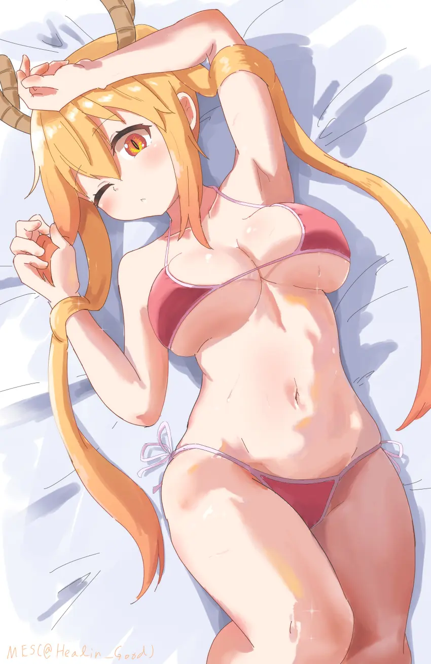 Image 1girls,big_breasts,blush,breasts,female,light-skinned_female,long_hair,looking_at_viewer,solo,bikini,wide_hips,horns,cleavage,one_eye_closed,swimsuit,twintails,laying_down,dragon_girl,miss_kobayashi's_dragon_maid,tohru_(dragon_maid),furugo-ri280