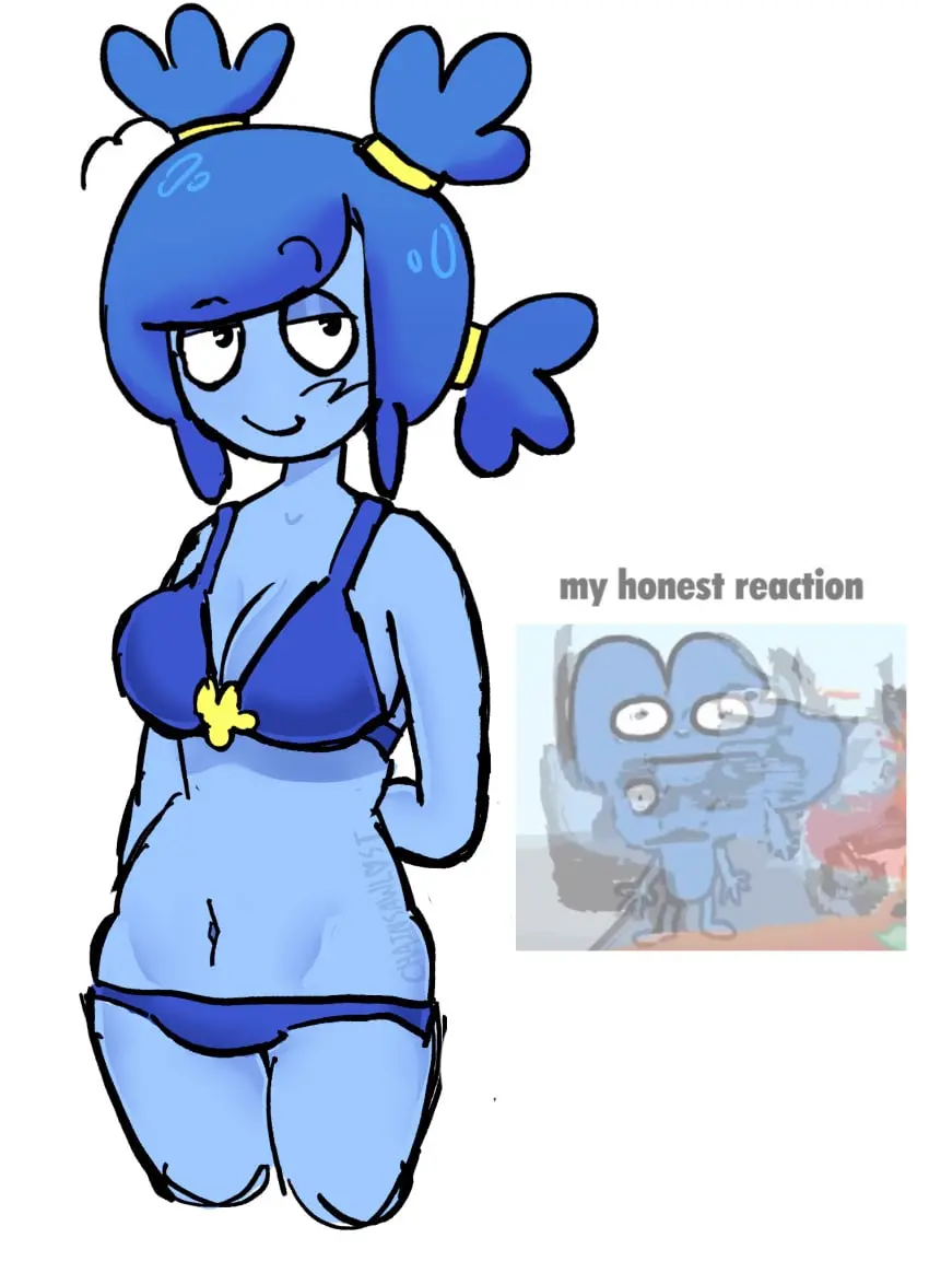 Image solo,white_background,blue_hair,humanized,bikini,colored,color,swimsuit,alternate_version_available,blue_swimsuit,blue_body,swimwear,blue_skin,battle_for_dream_island,bfdi,object_show,object_shows,alternative_version,battle_for_bfb,battle_for_bfdi,bfb,four_(bfb),meme_in_the_background