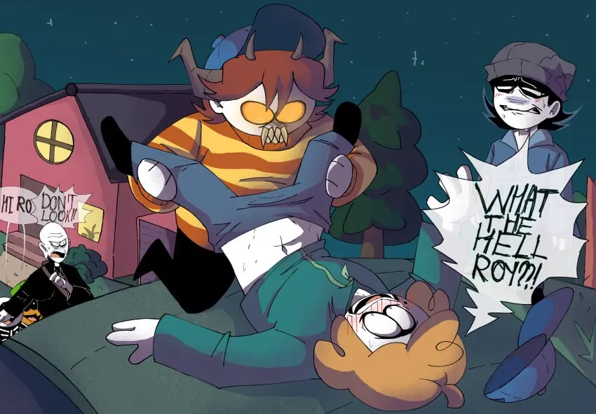 Image blush,clothed,male,male/male,yaoi,text,gay,public,dialogue,surprised,forced,undressing,before_sex,before_anal,spooky_month,forced_yaoi,possessed,robert_(srpelo),ross_(srpelo),roy_(srpelo),sobakasen