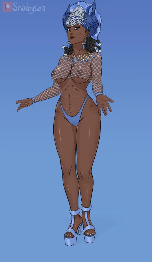 Image 1girls,big_breasts,breasts,female,solo,black_hair,thick_thighs,dark_skin,goddess,mythology,smite,dark-skinned_female,high_heels,shadrysea,yemoja_(smite)