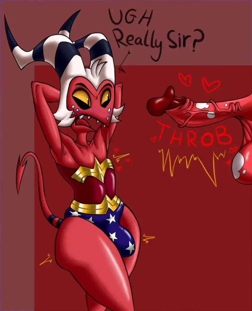 Image blush,open_mouth,male,penis,uncensored,erection,horns,femboy,male_only,balls,text,flustered,demon,testicles,bulge,big_balls,dialogue,latex,belt,disembodied_penis,leotard,helluva_boss,cosplay,onomatopoeia,imp,hell,moxxie_(helluva_boss),blitzo_(helluva_boss),chestplate,imps,infiniteshades,wonder_woman_(cosplay)