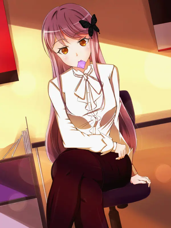 Image brown_eyes,looking_at_viewer,eyebrows,eyelashes,pink_hair,stockings,artist_request,condom,condom_in_mouth,skirt,sunlight,blouse,office,blushing,raised_eyebrows,black_skirt,office_clothing,bang_dream!,office_chair,light_particles,minato_yukina,butterfly_hair_ornament,eyelashes_visible_through_hair,white_blouse