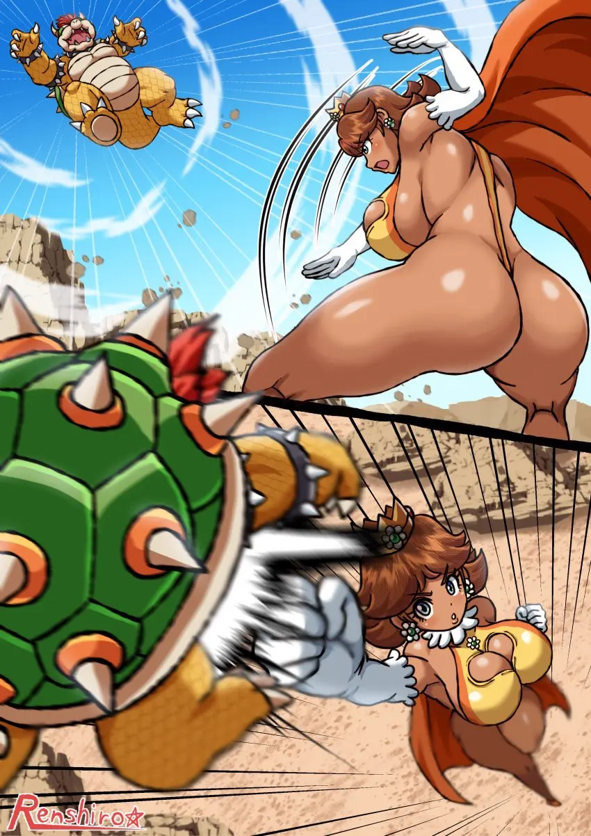 Image 1girls,big_breasts,breasts,clothing,female,1boy,male,ass,big_ass,bubble_butt,earrings,huge_ass,thick_thighs,wide_hips,cleavage,anthro,fat_ass,piercing,thick_ass,brown_hair,mario_(series),nintendo,princess_daisy,cape,ear_piercing,large_ass,leotard,thunder_thighs,armwear,crown,superheroine,boob_window,royalty,bowser,battle,arm_gloves,power_daisy_(renshirou),r0771,renshirou,renzaburo0771,super_mario_land,throwing,uppercut