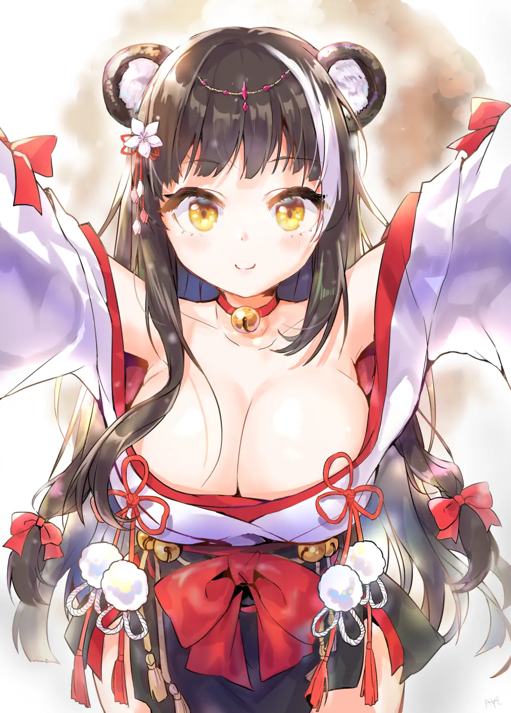 Image 1girls,breasts,female,female_only,hair_ornament,large_breasts,long_hair,looking_at_viewer,simple_background,smile,black_hair,yellow_eyes,colored,female_focus,flower_in_hair,cleavage,color,shortstack,kimono,azur_lane,japanese_clothes,fart,skunk_girl,skunk_tail,huge_tail,naganami_(azur_lane),skunk_ears,extended_arms,incoming_hug