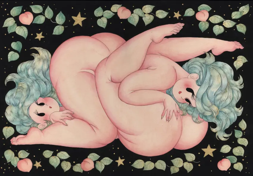 Image female,2girls,multiple_girls,ass,5_fingers,butt,5_toes,fruit,leaves,leaf,vines,panoramango,peach_(fruit)