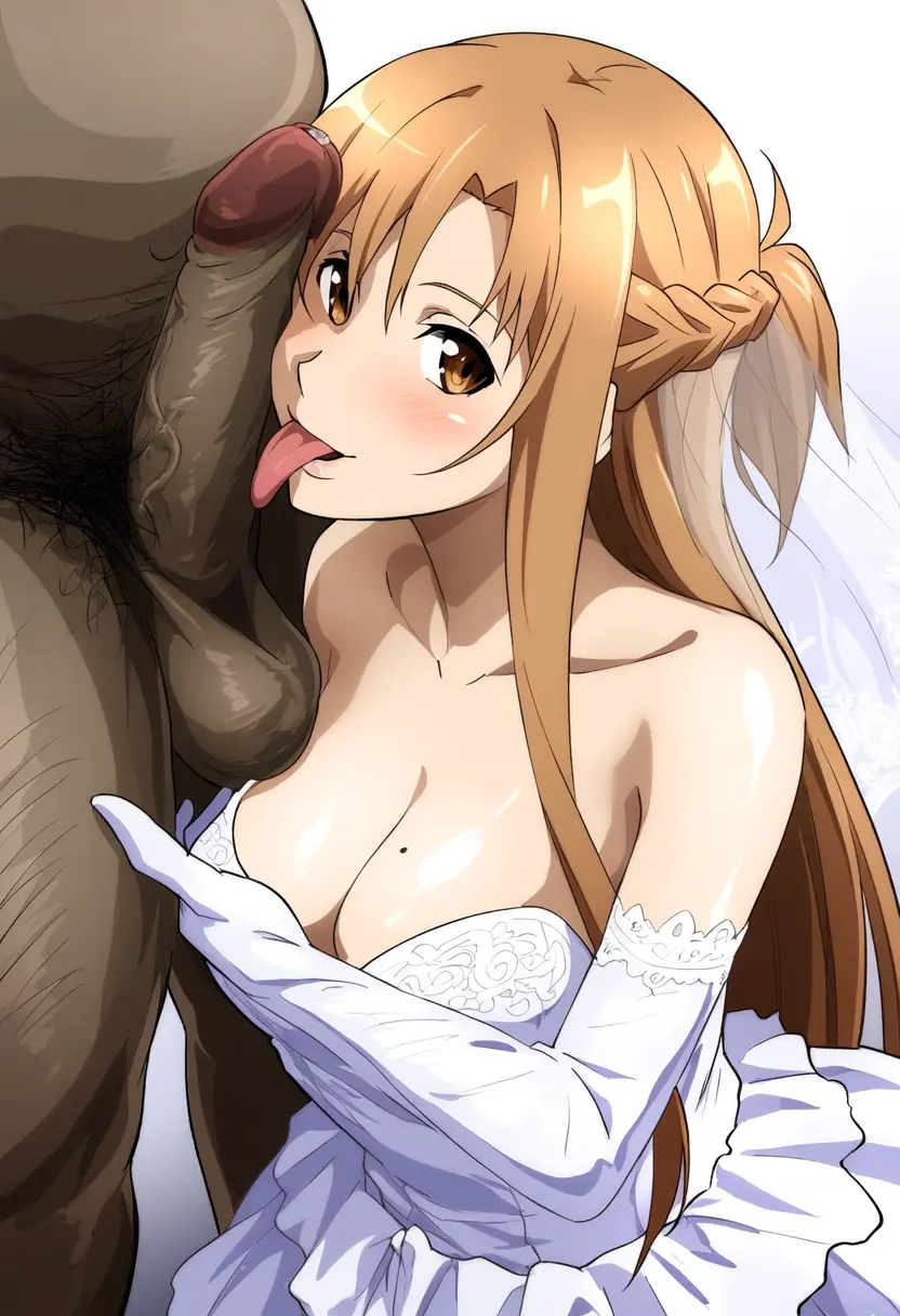 Image breasts,female,highres,large_breasts,white_background,licking_penis,male,penis,dark-skinned_male,interracial,ai_generated,cleavage,balls,testicles,smug,fat_male,large_penis,cheating,netorare,ntr,hairy,hairy_male,smug_face,cuckold,wedding_dress,sword_art_online,cheating_girlfriend,yuuki_asuna,cheating_on_wedding_day,waroffree