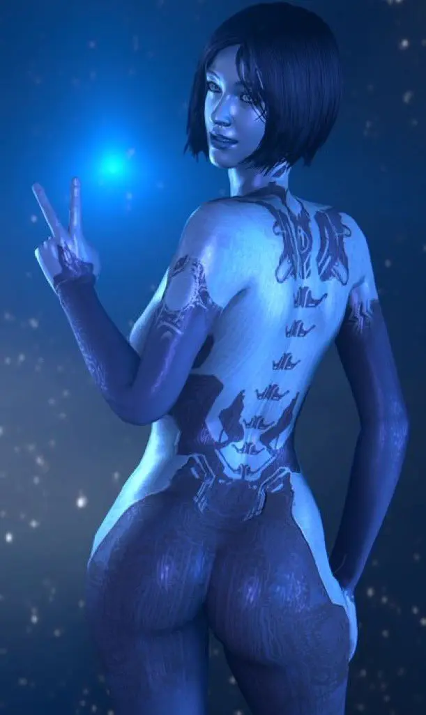 Image female,looking_at_viewer,blue_hair,ass,big_ass,big_butt,3d,3d_(artwork),blue_body,back_view,video_games,sfm,looking_back_at_viewer,blue_skin,bob_cut,cortana,halo_(series),peace_sign,source_filmmaker