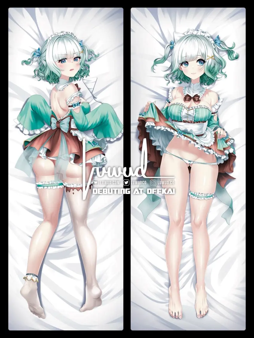 Image big_breasts,blush,breasts,clothing,female,hi_res,highres,white_hair,blue_eyes,navel,ass,looking_back,thighs,barefoot,gradient_hair,feet,virtual_youtuber,watermark,bare_midriff,bare_shoulders,belly_button,cleavage,looking_away,midriff,ass_visible_through_thighs,thigh_gap,legs,pale_skin,detached_sleeves,back,detached_collar,twintails,green_hair,maid_outfit,maid_uniform,maid_headdress,ass_focus,legwear,back_view,front_view,butt,indie_virtual_youtuber,dakimakura,bowtie,blushing,exposed_shoulders,bare_legs,tummy,butt_focus,showing_off,ghost_girl,bare_back,lifting_skirt,asymmetrical_legwear,dakimakura_design,exposed_back,luwudco,maid_mint,mint_fantome