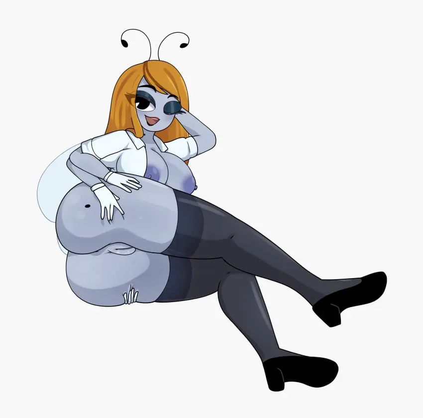 Image breasts,exposed_breasts,female,wings,winking_at_viewer,stockings,no_panties,insect_girl,phasmomo,the_buzz_on_maggie