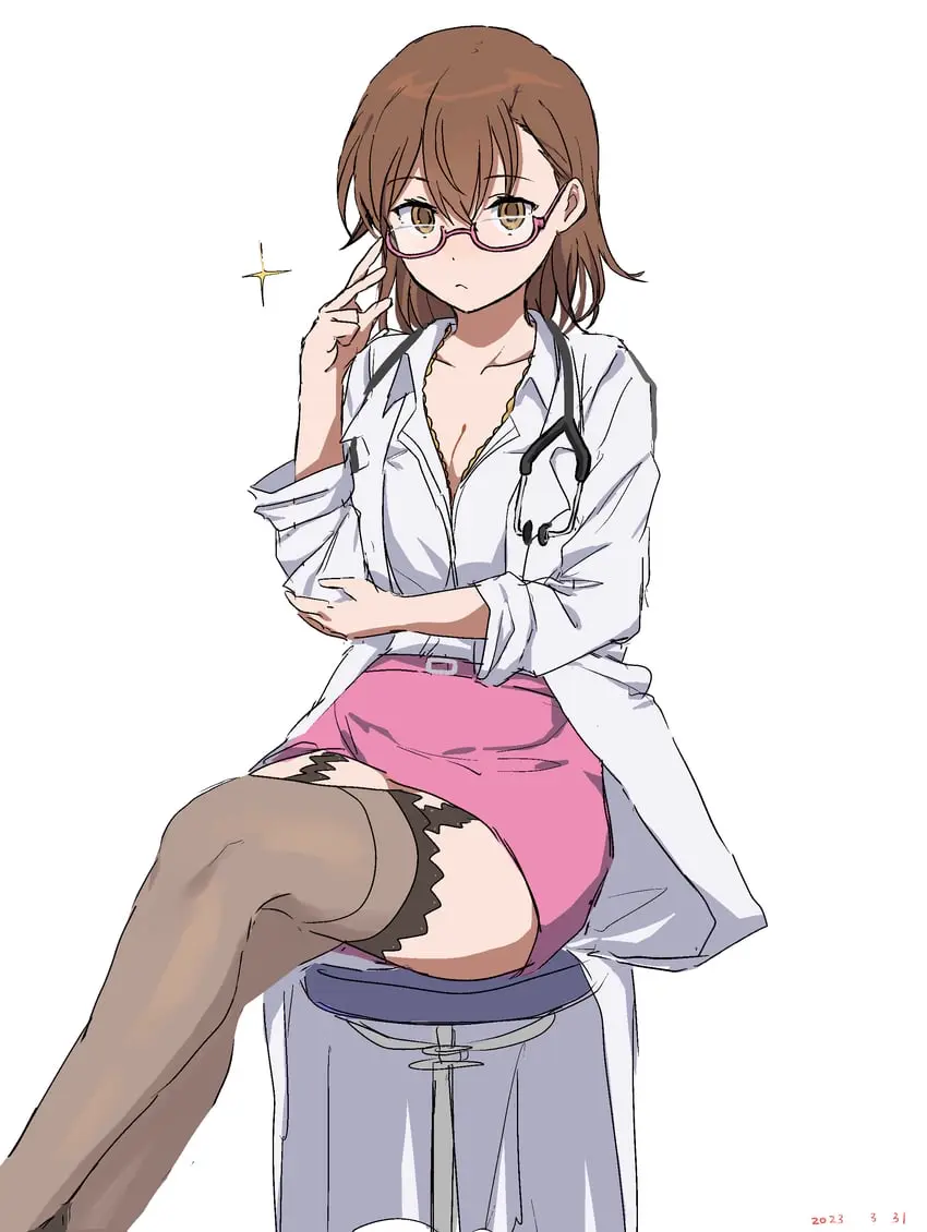 Image 1girls,breasts,brown_eyes,female,female_only,short_hair,small_breasts,glasses,sitting,stockings,teenager,teenage_girl,brown_hair,young,garter_belt,younger_female,garter_straps,to_aru_majutsu_no_index,clone,misaka_imouto,doctor