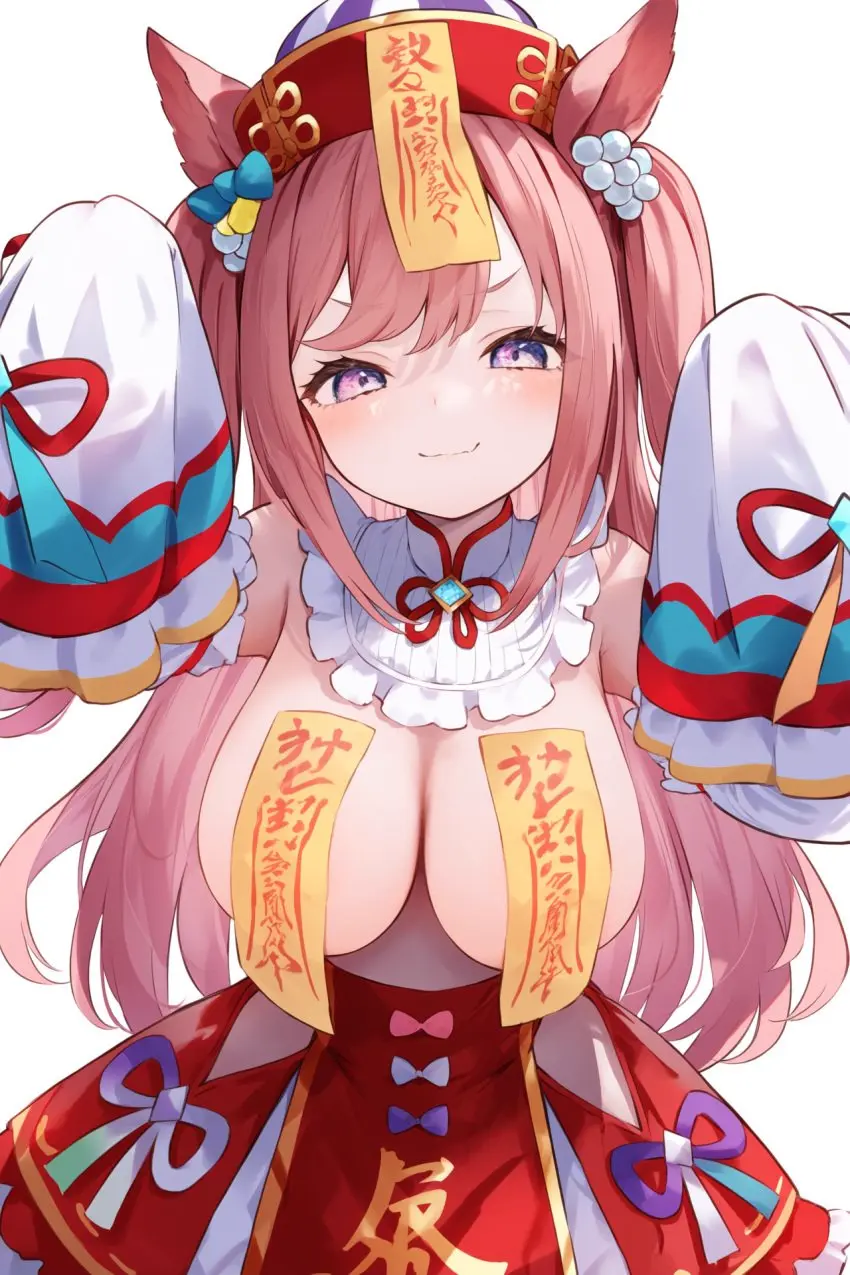 Image female,long_hair,animal_ears,blue_eyes,ai_generated,pink_hair,horse_girl,umamusume,umamusume_pretty_derby,agnes_digital_(umamusume),jiangshi_costume,red_ribbon_in_hair