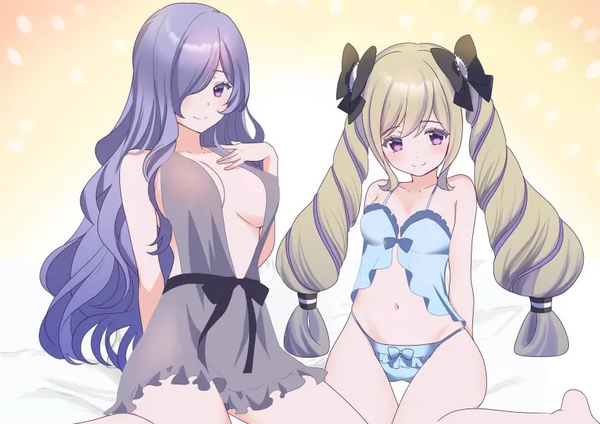 Image bow,breasts,female,female_only,hair_ornament,highres,long_hair,looking_at_viewer,multiple_hair_bows,parted_bangs,smile,very_long_hair,2girls,absurdres,multiple_girls,sidelocks,panties,underwear,small_breasts,barefoot,hair_over_one_eye,kneeling,bare_midriff,midriff,sideboob,wavy_hair,blonde_hair,legs,medium_breasts,pink_eyes,purple_eyes,purple_hair,nintendo,hair_between_eyes,twintails,fire_emblem,yellow_hair,siblings,fire_emblem_fates,twin_drills,bare_legs,hand_on_own_chest,drill_hair,blue_panties,nightgown,hair_bow,camilla_(fire_emblem),azusa_(azchemist63),elise_(fire_emblem),half-siblings