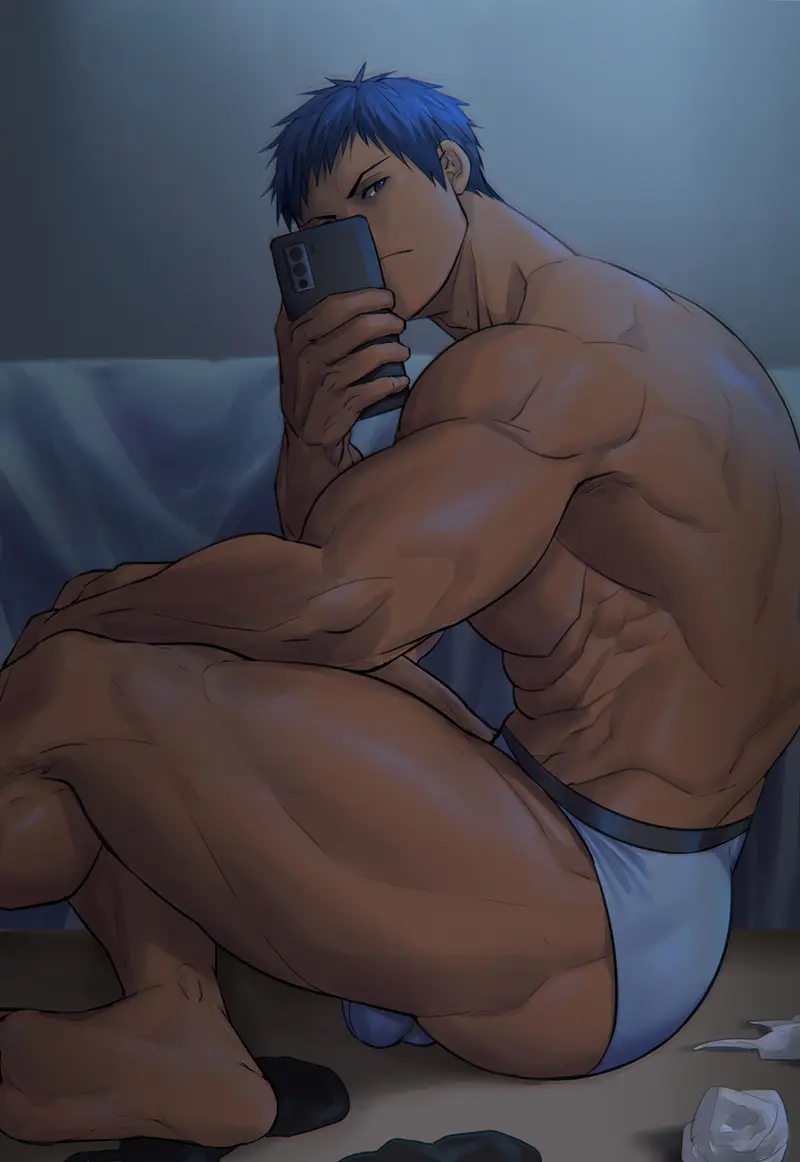 Image human,human_only,looking_at_viewer,solo,1boy,blue_eyes,blue_hair,male,penis,underwear,thick_thighs,thighs,dark-skinned_male,dark_skin,muscular,muscular_male,male_only,yaoi,solo_focus,white_underwear,sitting,indoors,bara,bulge,underwear_only,bedroom,holding_object,black_socks,big_thighs,male_focus,solo_male,abs,big_bulge,holding_phone,toned,cellphone,muscles,sitting_on_floor,briefs,muscular_back,muscular_thighs,toned_body,toned_male,boxer_briefs,boxer_briefs_only,back_muscles,taking_picture,sitting_on_ground,aomine_daiki,briefs_only,cachic,daiki_aomine,foot,kuroko_no_basuke,penis_in_underwear,socks_removed,toilet_paper,white_boxer_briefs,white_briefs