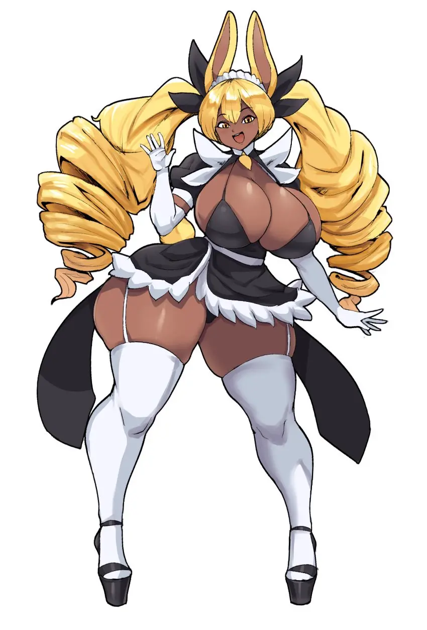 Image 1girls,big_breasts,breasts,clothing,female,female_only,large_breasts,looking_at_viewer,simple_background,solo,white_background,bra,panties,thick_thighs,dark_skin,wide_hips,huge_breasts,blonde_hair,original,original_character,busty,bunny_ears,bunny_girl,dark-skinned_female,twintails,maid,maid_uniform,heels,maid_headdress,bunny_tail,legwear,armwear,waving,shoes,garter_straps,arm_gloves,loppy_(thecon),thecon,waving_at_viewer
