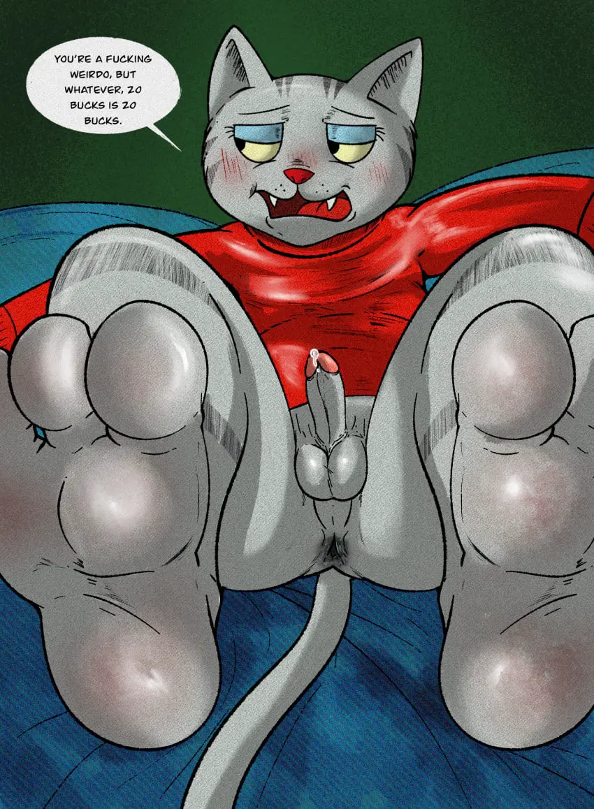 Image blush,clothed,clothing,hi_res,solo,male,erection,feet,anthro,anus,absurd_res,genital_fluids,soles,bodily_fluids,mammal,precum,dialogue,bottomless,feline,talking_to_viewer,felid,foot_focus,perineum,secretly_loves_it,leaking_precum,fritz_the_cat,fritz_the_cat_(character),illegaleel
