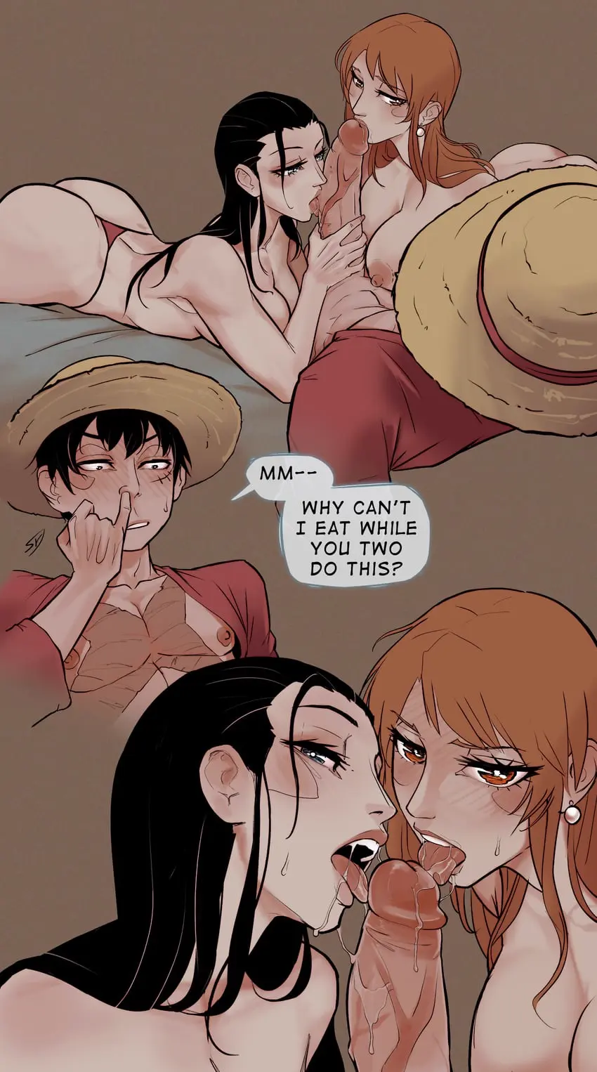 Image big_breasts,blush,breasts,female,long_hair,1boy,2girls,black_hair,blue_eyes,licking_penis,male,penis,threesome,big_ass,big_penis,one_piece,orange_eyes,muscular,muscular_male,color,jewelry,nami_(one_piece),orange_hair,post-timeskip,veiny_penis,text,black_hair_female,mature_female,shounen_jump,english_text,scar,english,blushing,older_female,monkey_d_luffy,nico_robin,kissing_penis,straw_hat,orange_hair_female,black_hair_male,steadxknight,steadyknight