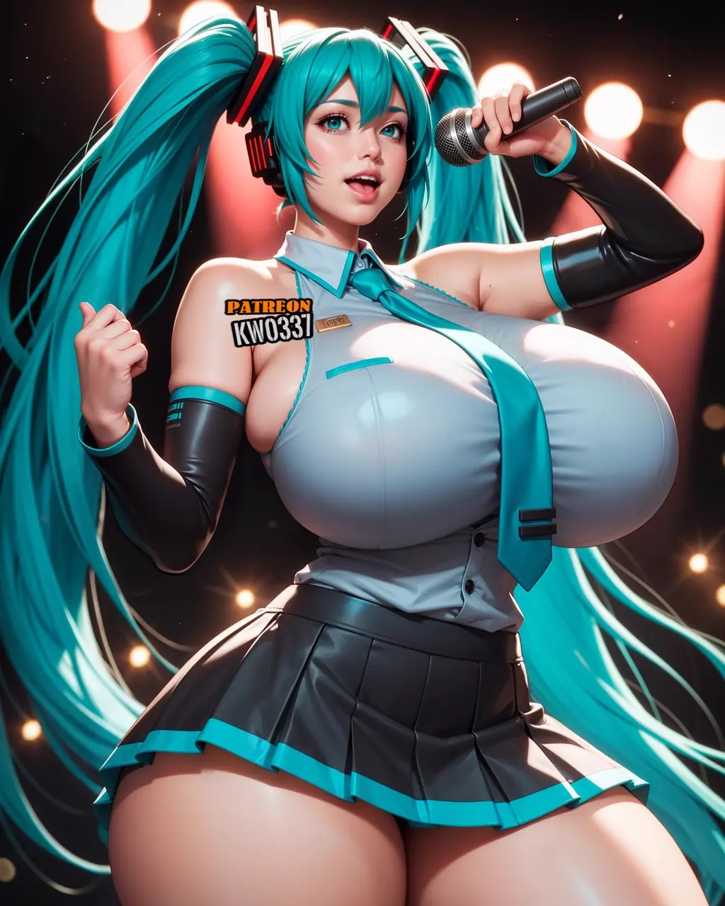 Image 1girls,big_breasts,breasts,female,female_only,solo,blue_hair,ai_generated,solo_female,green_hair,bimbo,hatsune_miku,vocaloid,microskirt,robot_girl,bimbo_body,kw0337,blue_green_hair