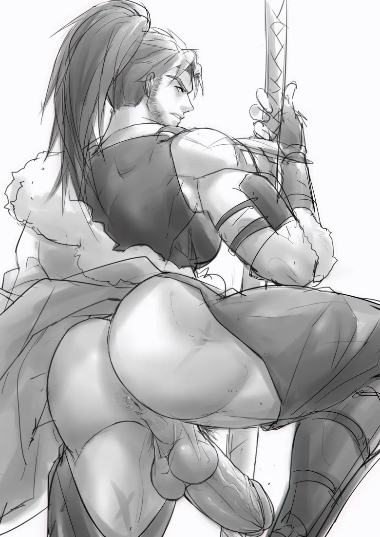 Image clothed,clothing,human,human_only,long_hair,looking_at_viewer,solo,1boy,male,penis,ass,big_ass,big_butt,big_penis,huge_ass,huge_butt,looking_back,erection,ponytail,muscular,muscular_male,male_only,yaoi,solo_focus,balls,huge_cock,veiny_penis,anus,thick,thick_ass,tied_hair,pubic_hair,bara,black_and_white,monochrome,big_balls,holding_object,pecs,final_fantasy,erect_penis,final_fantasy_xiv,thick_penis,sketch,back_view,male_focus,solo_male,fingerless_gloves,holding_weapon,muscles,facial_hair,muscular_thighs,ripped_clothing,muscular_ass,beard_stubble,penis_out,katana,long_hair_male,hanging_penis,ripped_pants,ass_out,cachic,balls_out,hien_rijin,holding_katana