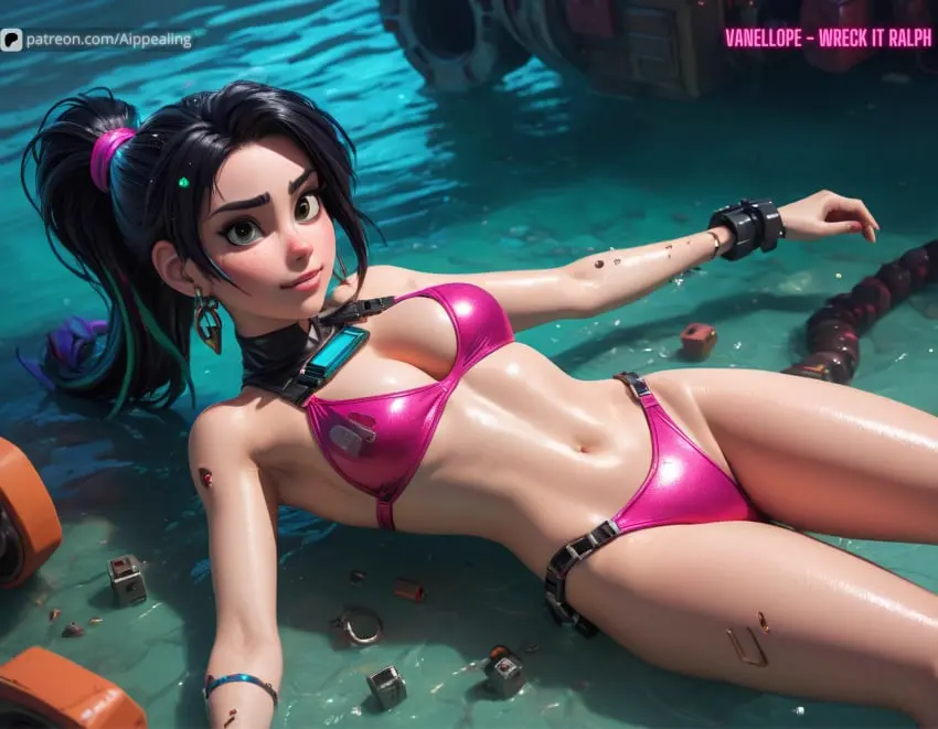 Image breasts,female,navel,bikini,disney,ai_generated,aged_up,medium_breasts,wreck-it_ralph,aippealing,vanellope,vanellope_von_schweetz