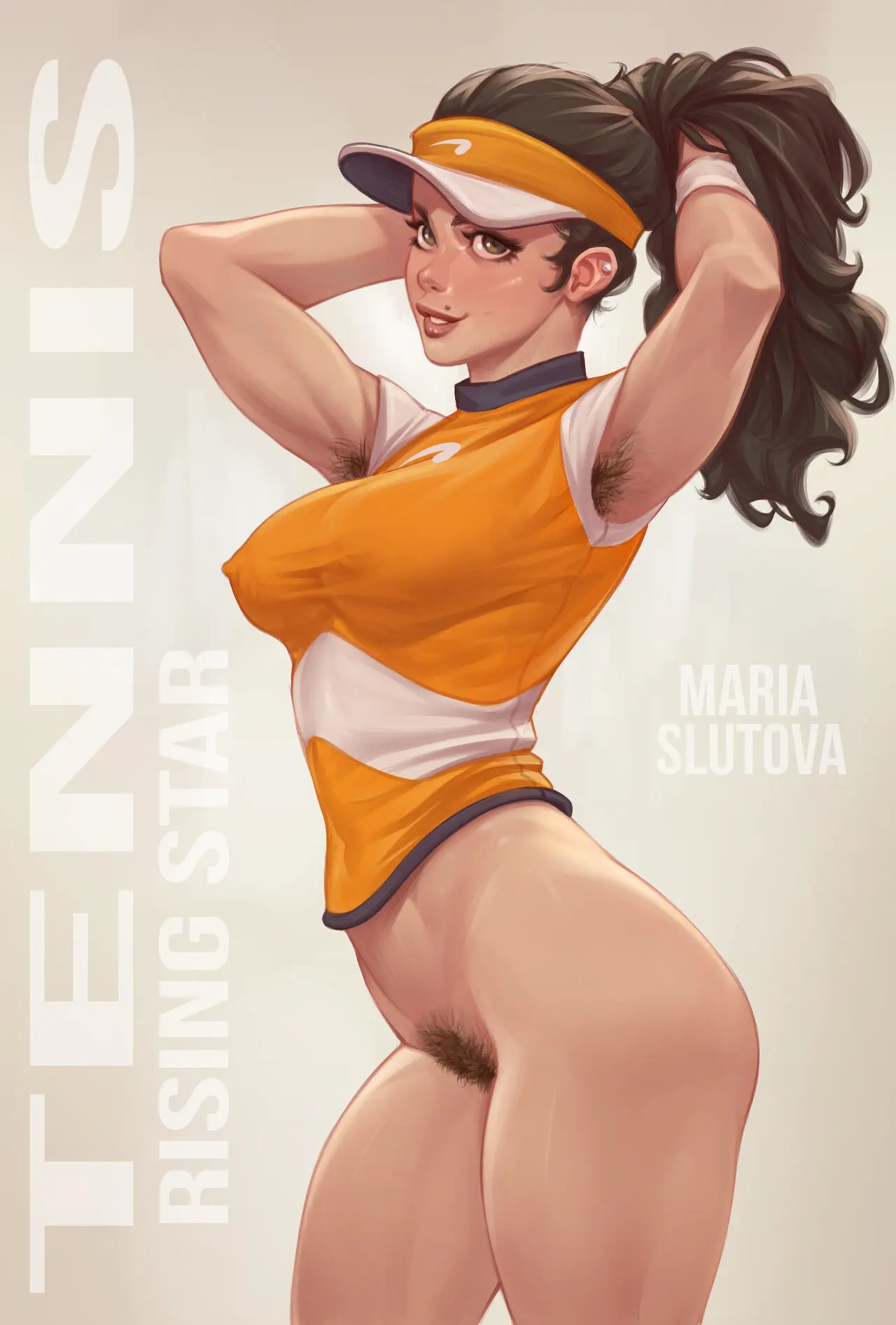 Image 1girls,breasts,female,female_only,hi_res,no_bra,solo,ponytail,armpits,sportswear,arms_behind_head,arms_up,medium_breasts,mole,pubic_hair,ear_piercing,bottomless,nipples_visible_through_clothing,erect_nipples,armpit_hair,visor,erect_nipples_under_clothes,no_bra_under_clothes,hands_on_head,armpit_hair_peek,female_armpit_hair,maria_slutova,mole_above_mouth,rino99,tennis