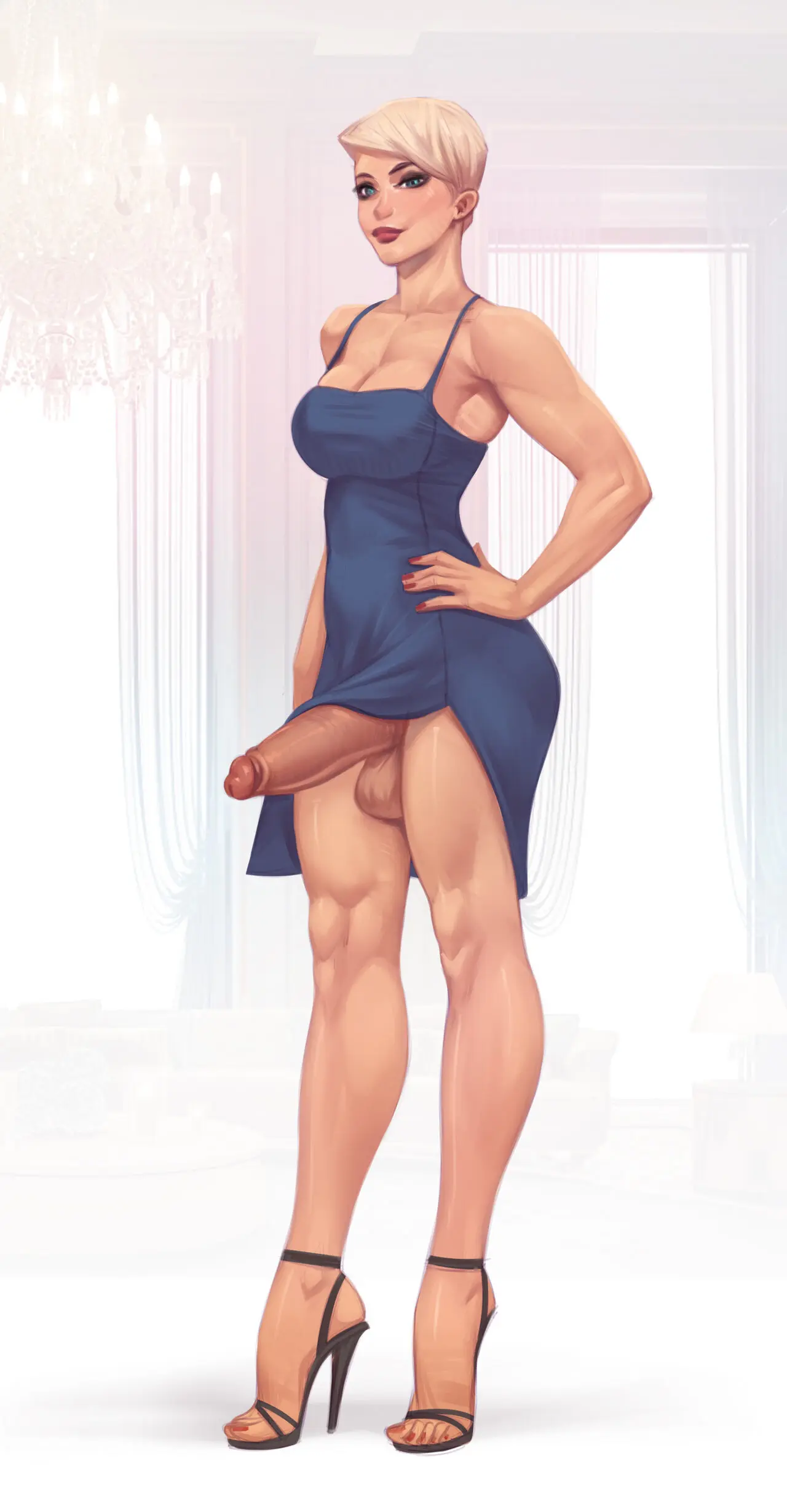 Image breasts,clothed,clothing,female,human,light_skin,mostly_clothed,solo,standing,penis,short_hair,big_penis,1futa,erection,futanari,intersex,light-skinned_futa,muscular,balls,huge_cock,blonde_hair,dress,futa_only,erection_under_clothes,high_heels,bottomless,large_penis,giant_penis,half-erect,toned,toned_female,erection_under_clothing,muscular_futa,blonde_futa,calves,very_high_heels,stiletto_heels,rino99