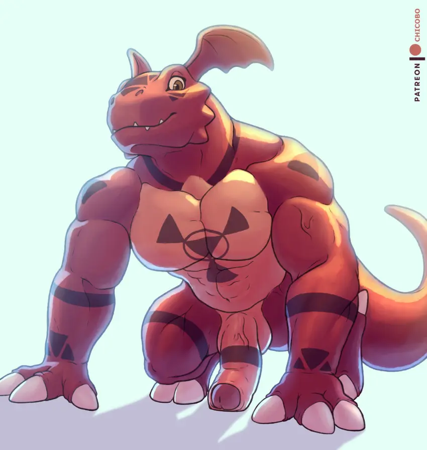 Image hi_res,smile,solo,1boy,male,penis,tail,big_penis,humanoid_penis,muscular,muscular_male,male_only,anthro,genitals,muscular_anthro,pecs,foreskin,uncircumcised,all_fours,fin,scales,scalie,humanoid_genitalia,bandai_namco,digimon,digimon_(species),red_body,red_scales,guilmon,head_fin,chicobo