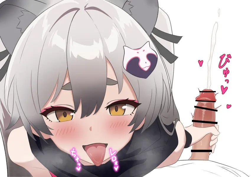 Image 1girls,blush,female,grey_hair,highres,light-skinned_female,light_skin,long_hair,looking_at_viewer,open_mouth,simple_background,white_background,1boy,absurdres,animal_ears,cum,male,penis,straight,tongue_out,yellow_eyes,blue_archive,tongue,erection,solo_focus,light-skinned_male,censored,ejaculation,pov,hair_between_eyes,handjob,bar_censor,raccoon_ears,projectile_cum,allied_hyakkiyako_academy_student,sameoka,michiru_(blue_archive),ninjutsu_research_club_(blue_archive),raccoon_hair_ornament