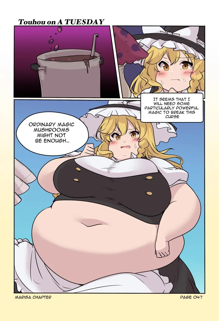 Image blush,female,touhou,thick_thighs,embarrassed,big_belly,huge_belly,fat_ass,blonde_hair,comic,chubby,chubby_female,speech_bubble,witch_costume,witch_hat,big_female,fat,fat_female,overweight,overweight_female,plump,fat_fetish,obese,bbw,obese_female,witch,weight_gain,belly_overhang,pig,marisa_kirisame,fatty,fat_girl,large_female,double_chin,kurocaze,pork_chop,tubby